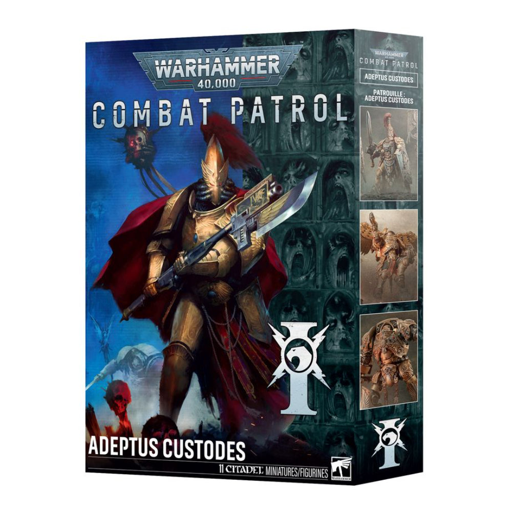 Warhammer 40,000 combat patrol adeptus custodes miniatures box featuring golden armored warrior with red cape and sword