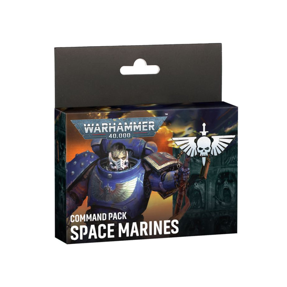 Warhammer 40,000 command pack featuring space marines in black and blue box with gold accented armored warrior design