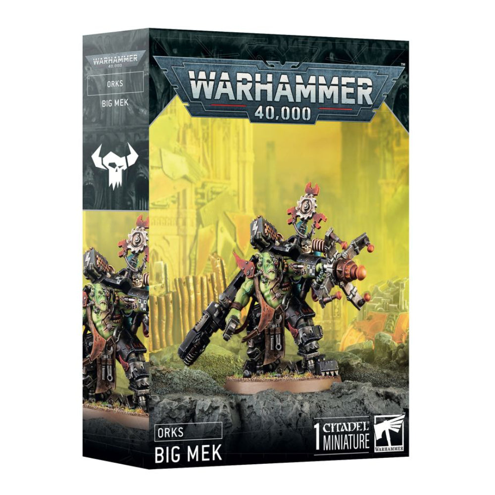 Warhammer 40,000 orks big mek miniature set featuring detailed green mech models in a display box for tabletop gaming