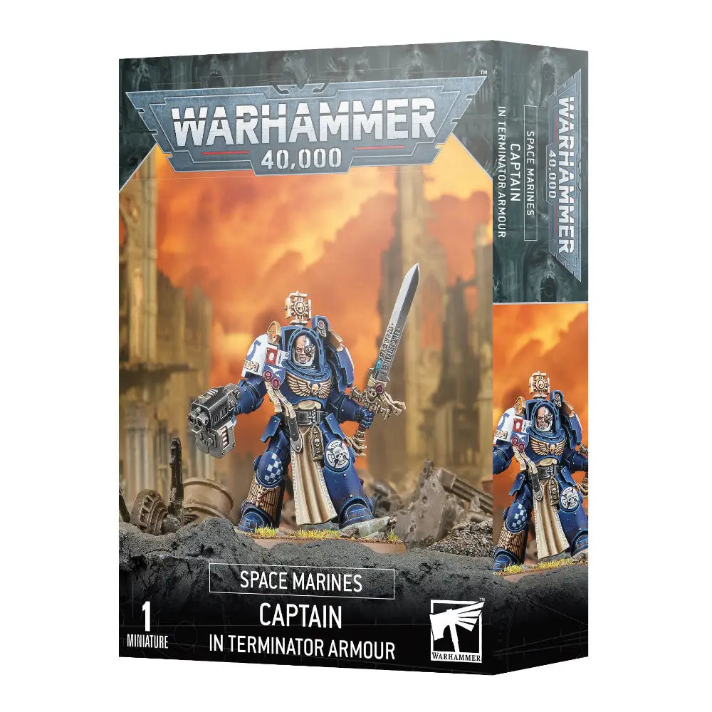 Warhammer 40,000 space marine captain miniature in blue and gold terminator armor holding a detailed sword