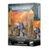 Warhammer 40,000 space marine captain miniature in blue and gold terminator armor holding a detailed sword