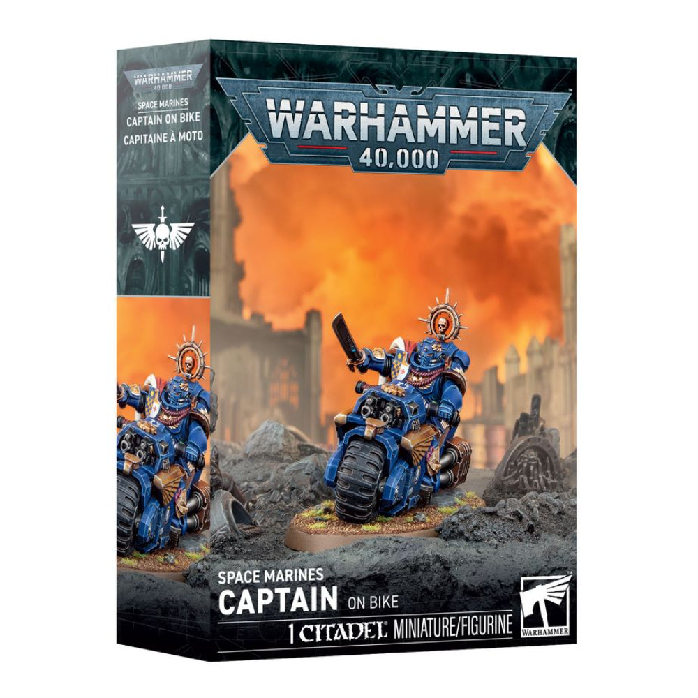 Blue armored Warhammer 40,000 space marine captain on motorcycle with gold and white citadel miniatures paint style