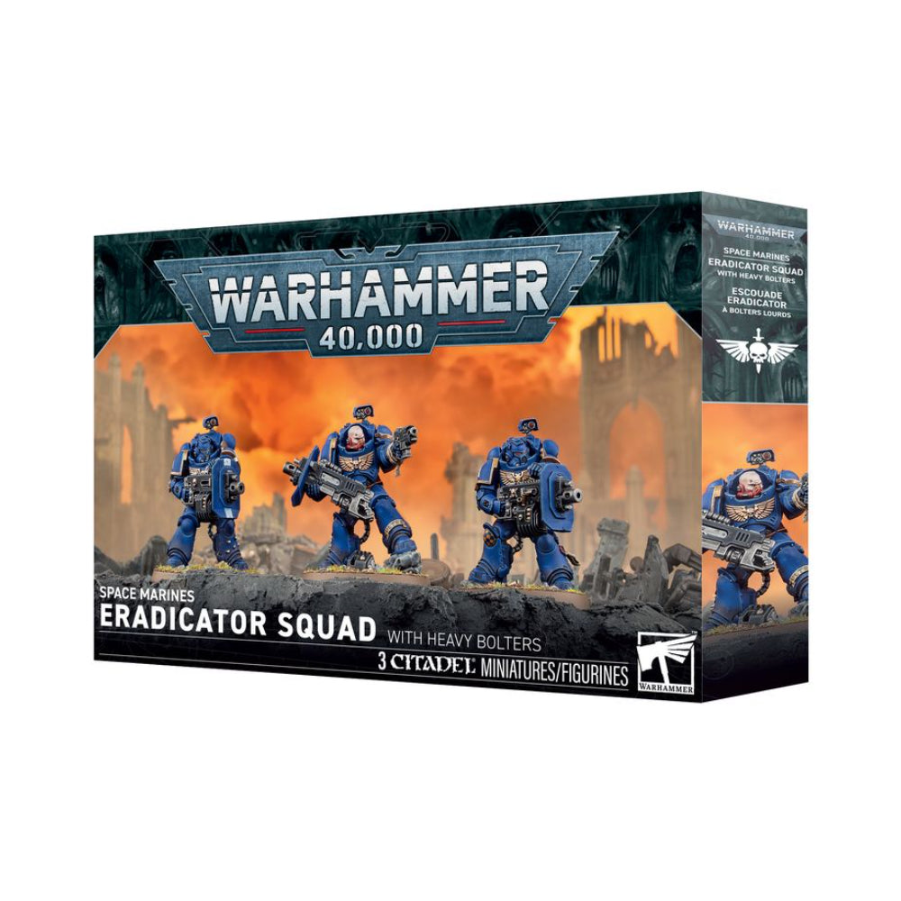Warhammer 40,000 space marines eradicator squad box with three blue armored miniatures with gold accents and heavy bolters