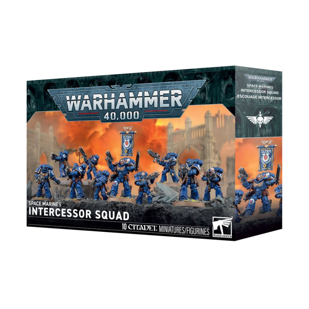 Warhammer 40,000 space marines intercessors blue armored miniatures in detailed plastic model kit box set