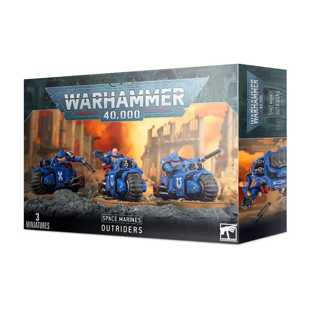Warhammer 40000 space marines outriders blue-painted miniature figures in boxed set for tabletop gaming