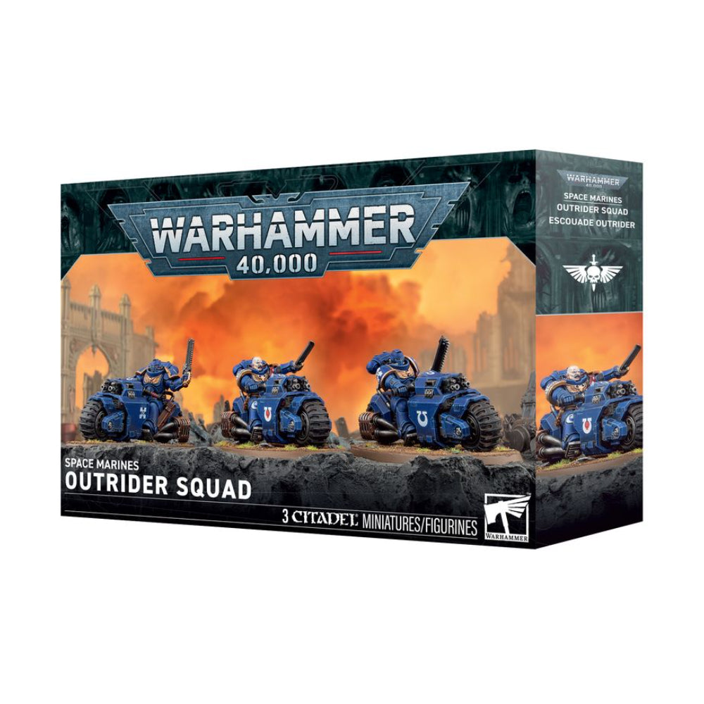 Blue space marines outrider squad miniatures in a warhammer 40,000 box set for tabletop gaming