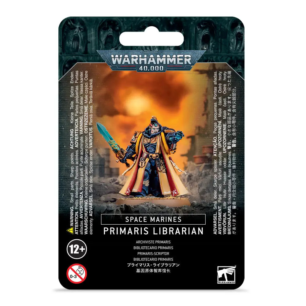 Warhammer 40000 space marines primaris librarian figure in blue and gold armor with red cape holding a glowing sword
