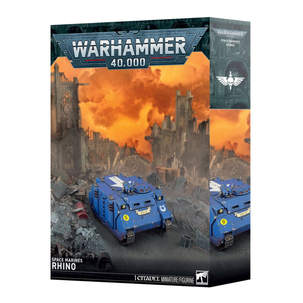 Warhammer 40,000 space marines rhino miniature armored vehicle in blue plastic for tabletop gaming use