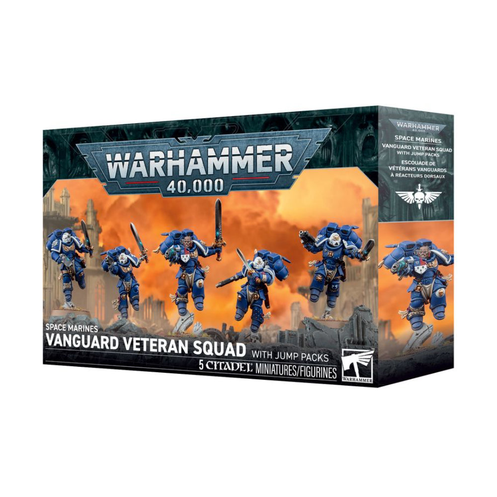 Blue armored Warhammer 40,000 Space Marines Vanguard Veteran Squad miniatures with jump packs in a box set