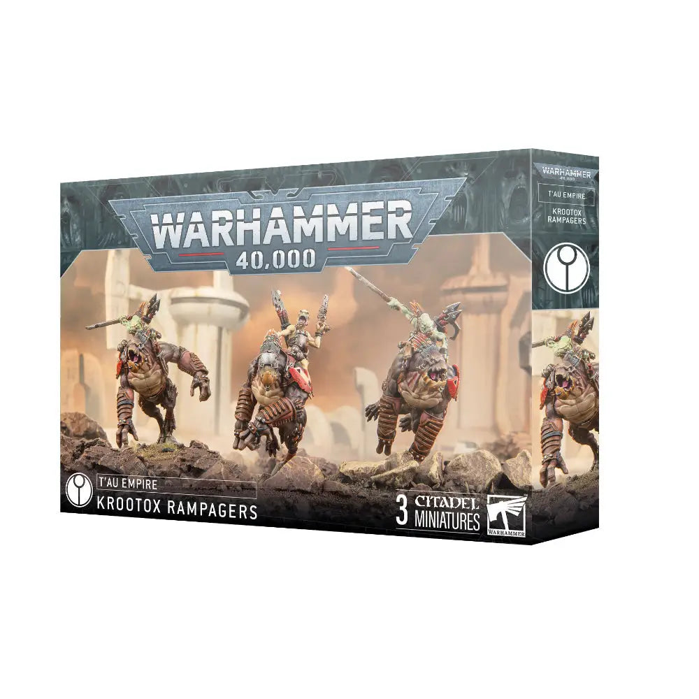 Warhammer 40000 t’au empire krootox rampagers miniature set with three citadel-painted armored beast warriors on rocky terrain