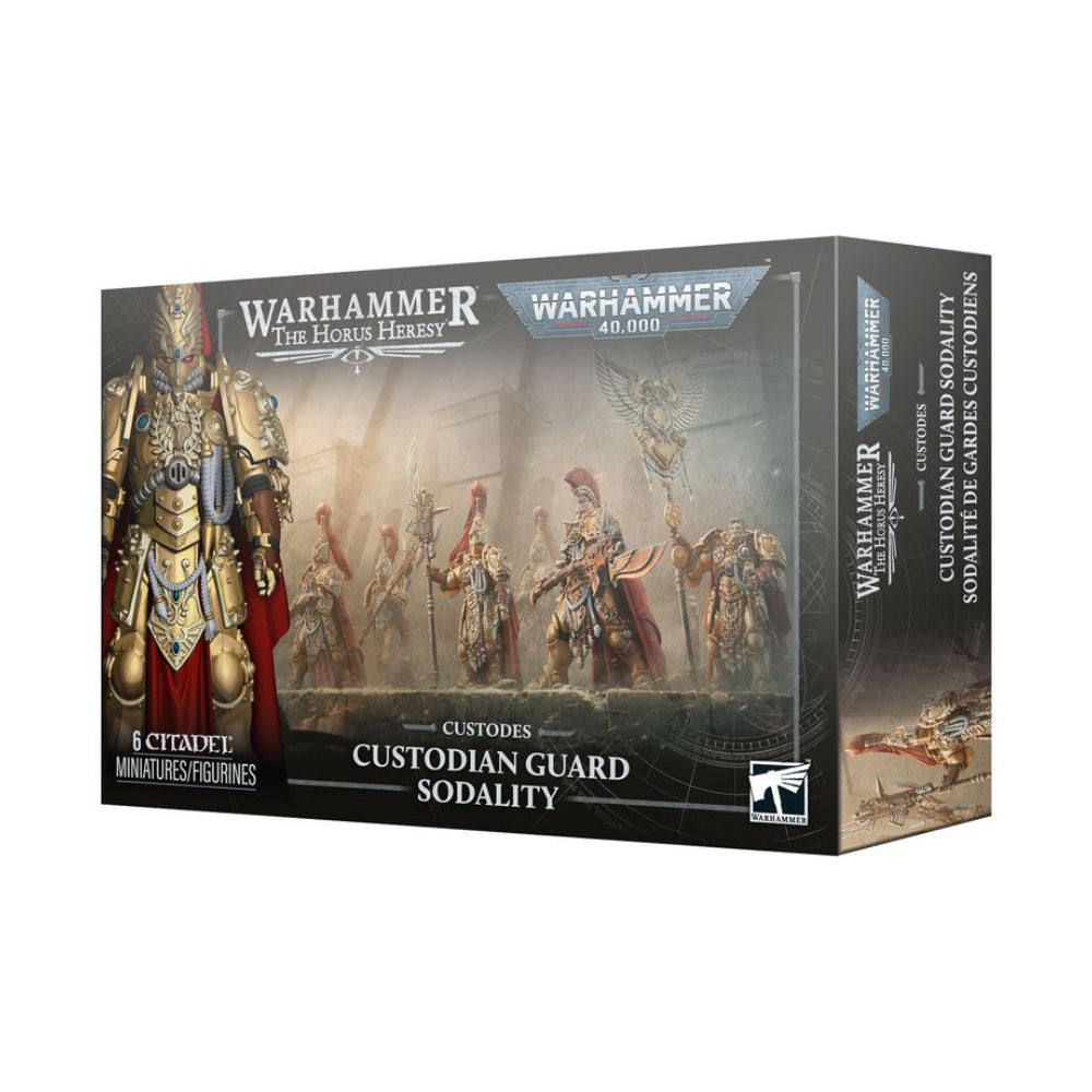 Warhammer Horus Heresy Adeptus Custodes custodian guard sodality box set with six gold and red citadel miniatures