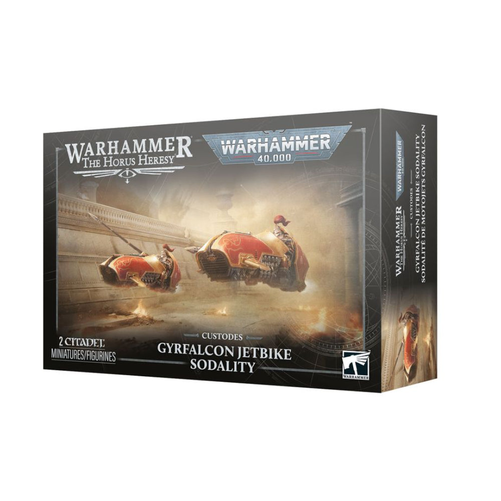 Warhammer horus heresy adeptus custodes gyrfalcon jetbike sodality box set with two fiery orange miniatures in battle pose