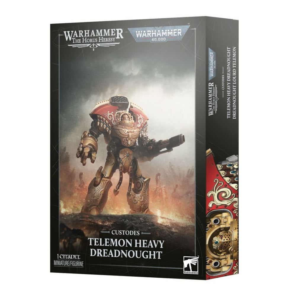 Warhammer 40,000 Adeptus Custodes Telemon heavy dreadnought miniature in metallic gold and red armor in box
