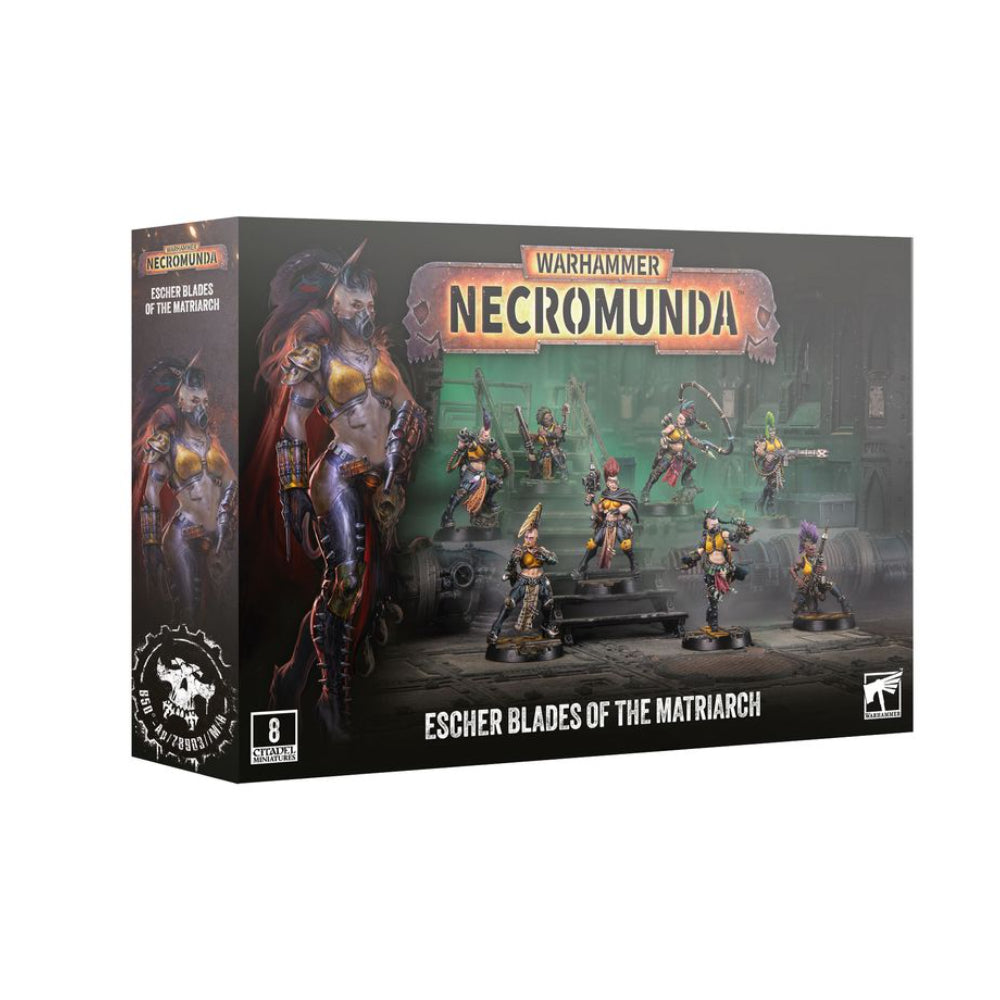 Warhammer Necromunda Escher Blades of the Matriarch miniature set in black and orange box with painted metallic armor figures