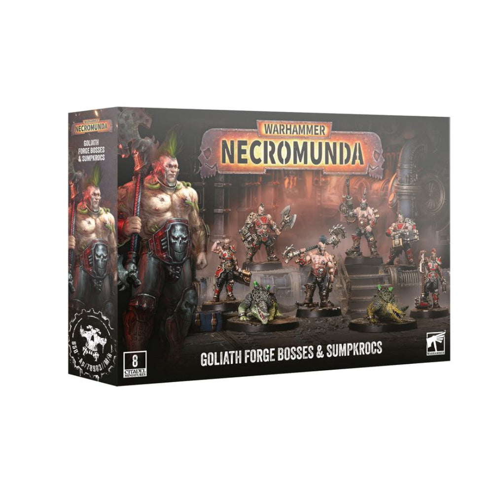 Warhammer Necromunda Goliath Forge Bosses and Sumpkrocs miniatures set with detailed painted figures in dark metallic and flesh tones
