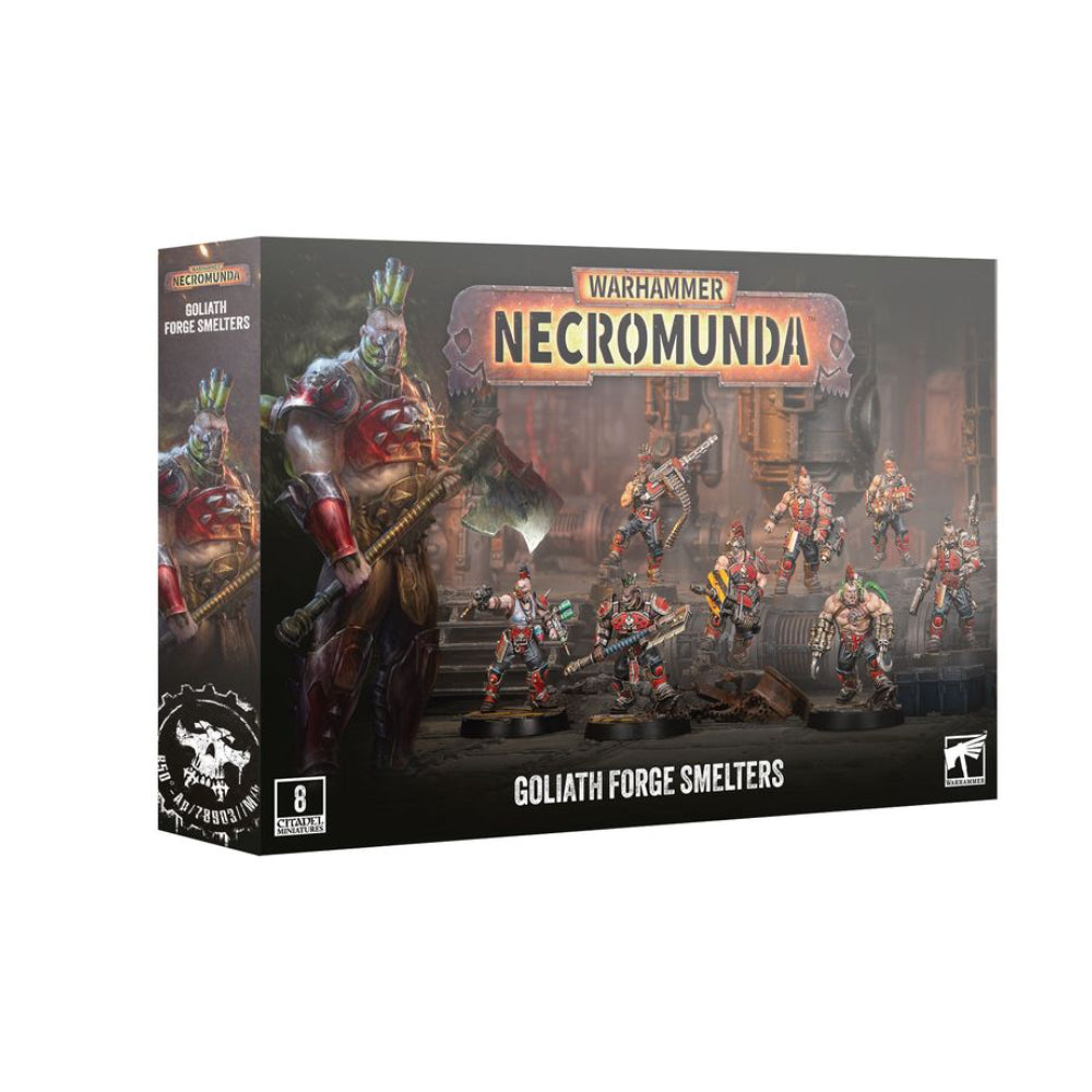 Warhammer necromunda goliath forge smelters miniatures box featuring detailed heavily armored figures in red and metallic gray