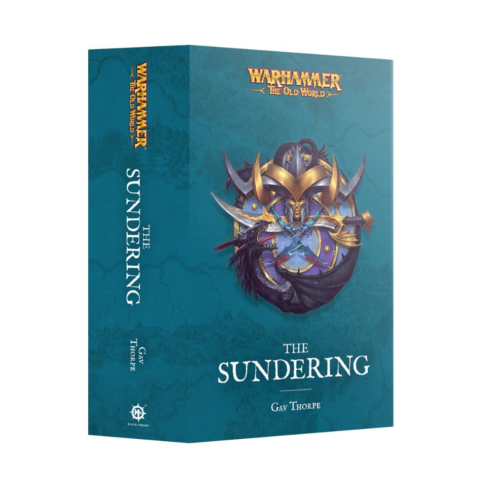 Teal hardcover book the sundering by Gav Thorpe featuring golden armored warrior with crossed swords warhammer old world