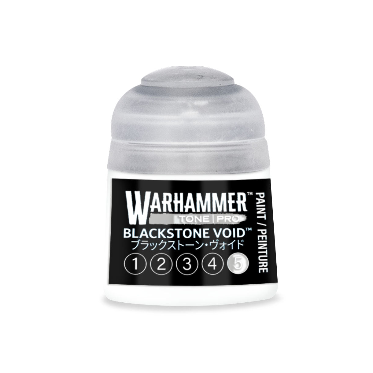White plastic bottle with translucent cap containing warhammer tone pro blackstone void acrylic paint 12ml