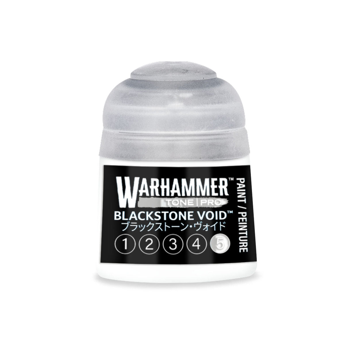 White plastic bottle with translucent cap containing warhammer tone pro blackstone void acrylic paint 12ml