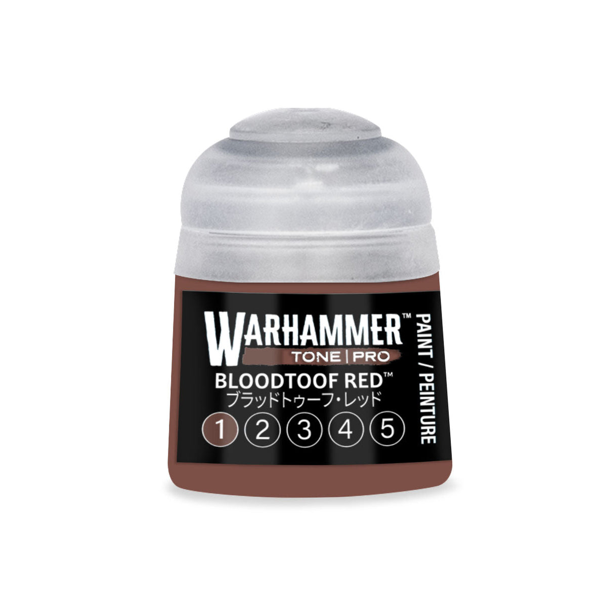 A small cylindrical bottle of Warhammer Tone Pro Bloodtoof Red paint with clear plastic cap and black label with white text
