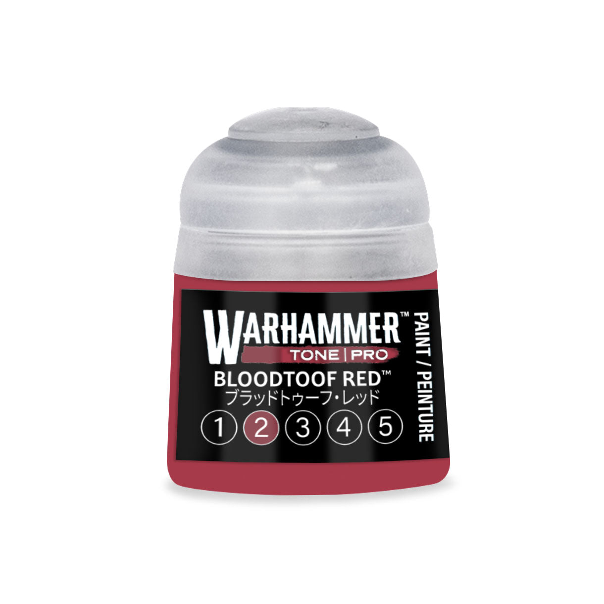 A small cylindrical bottle of warhammer tone pro bloodtoof red paint with a clear cap and black label with white text