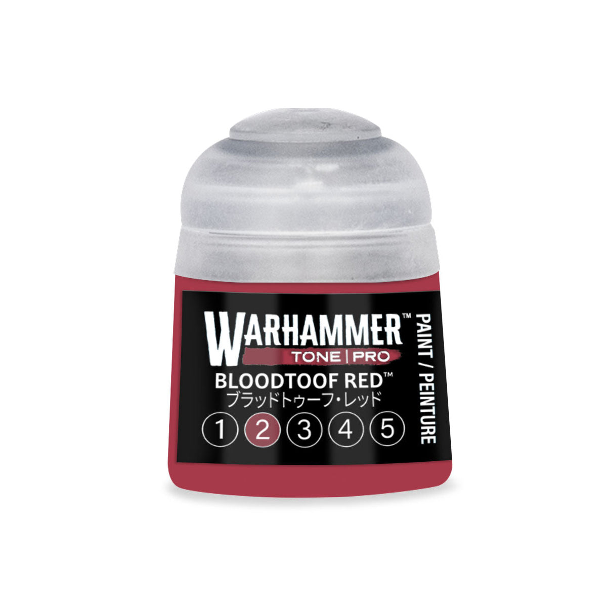 A small cylindrical bottle of warhammer tone pro bloodtoof red paint with a clear cap and black label with white text