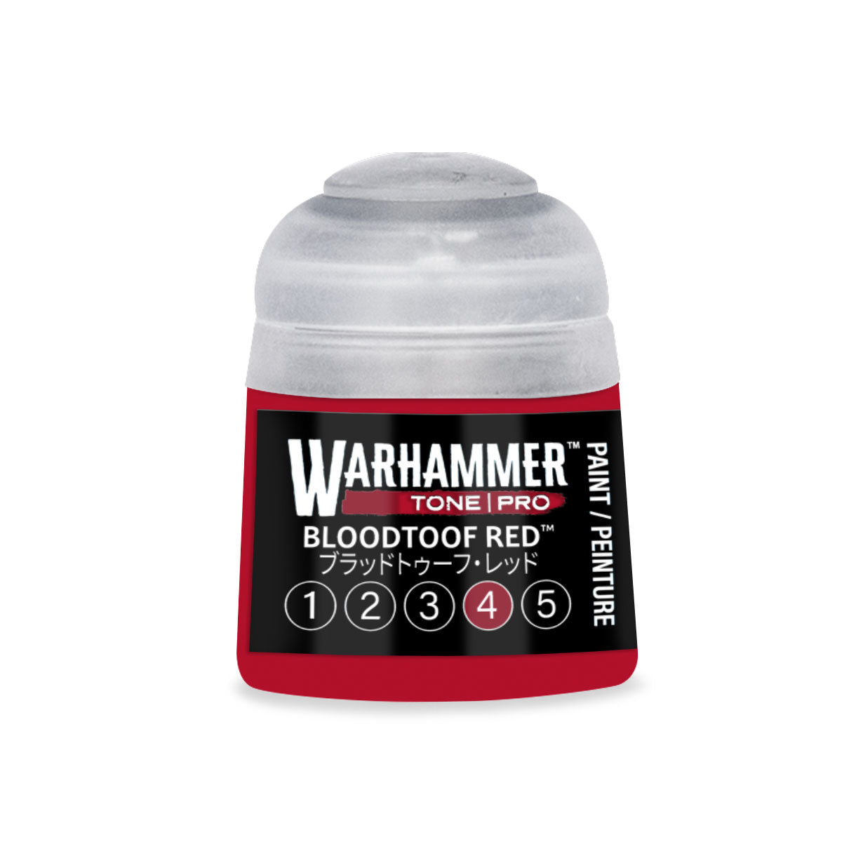 Warhammer tone pro bloodtoof red paint bottle 12ml with clear plastic cap and red label with black text