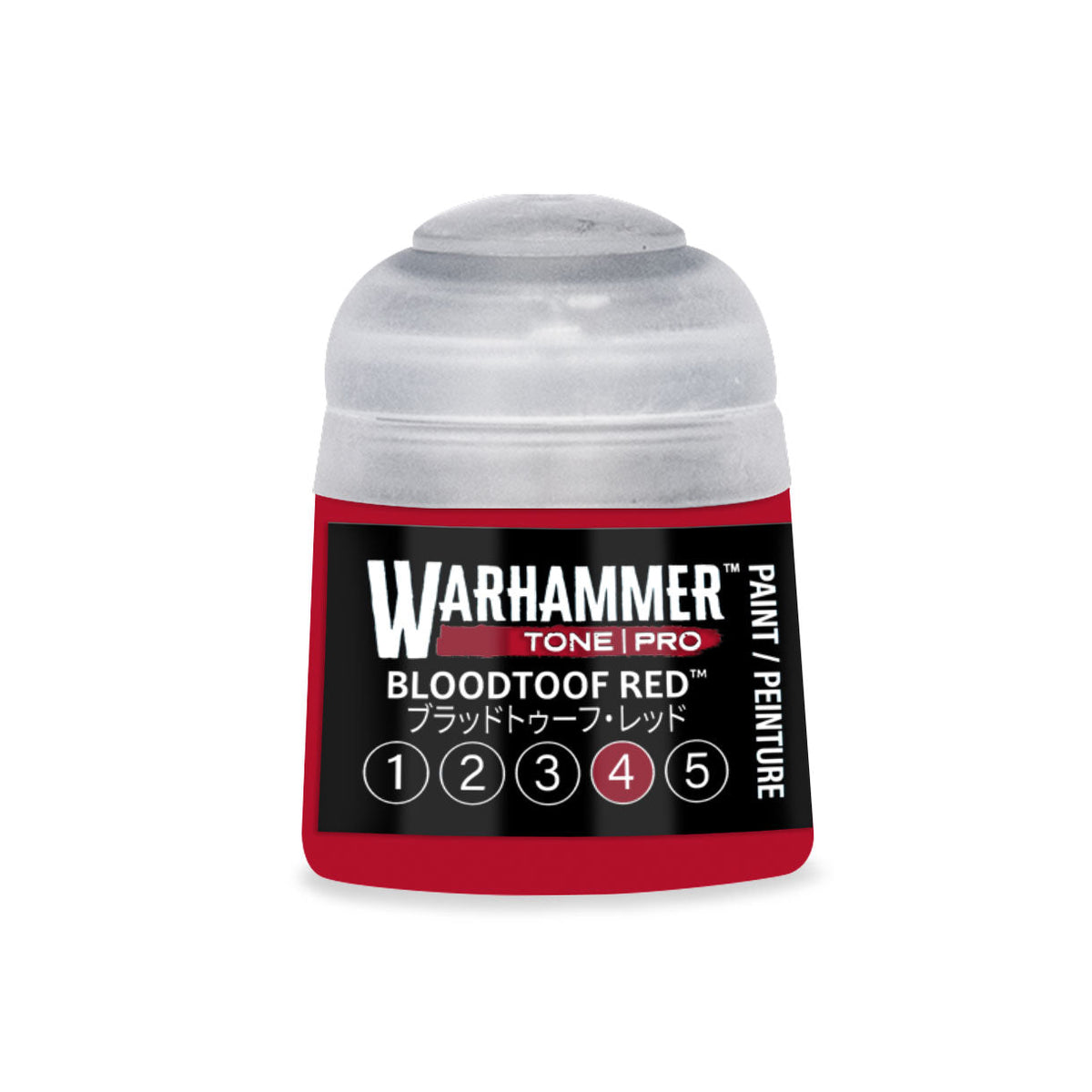 Warhammer tone pro bloodtoof red paint bottle 12ml with clear plastic cap and red label with black text
