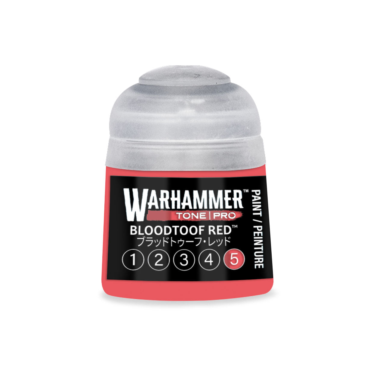 A small cylindrical bottle of Warhammer Tone Pro Bloodtoof Red paint with clear plastic cap and vibrant red label