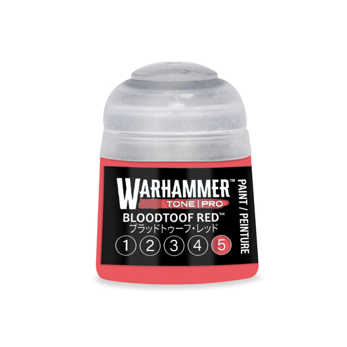 A small cylindrical bottle of Warhammer Tone Pro Bloodtoof Red paint with clear plastic cap and vibrant red label