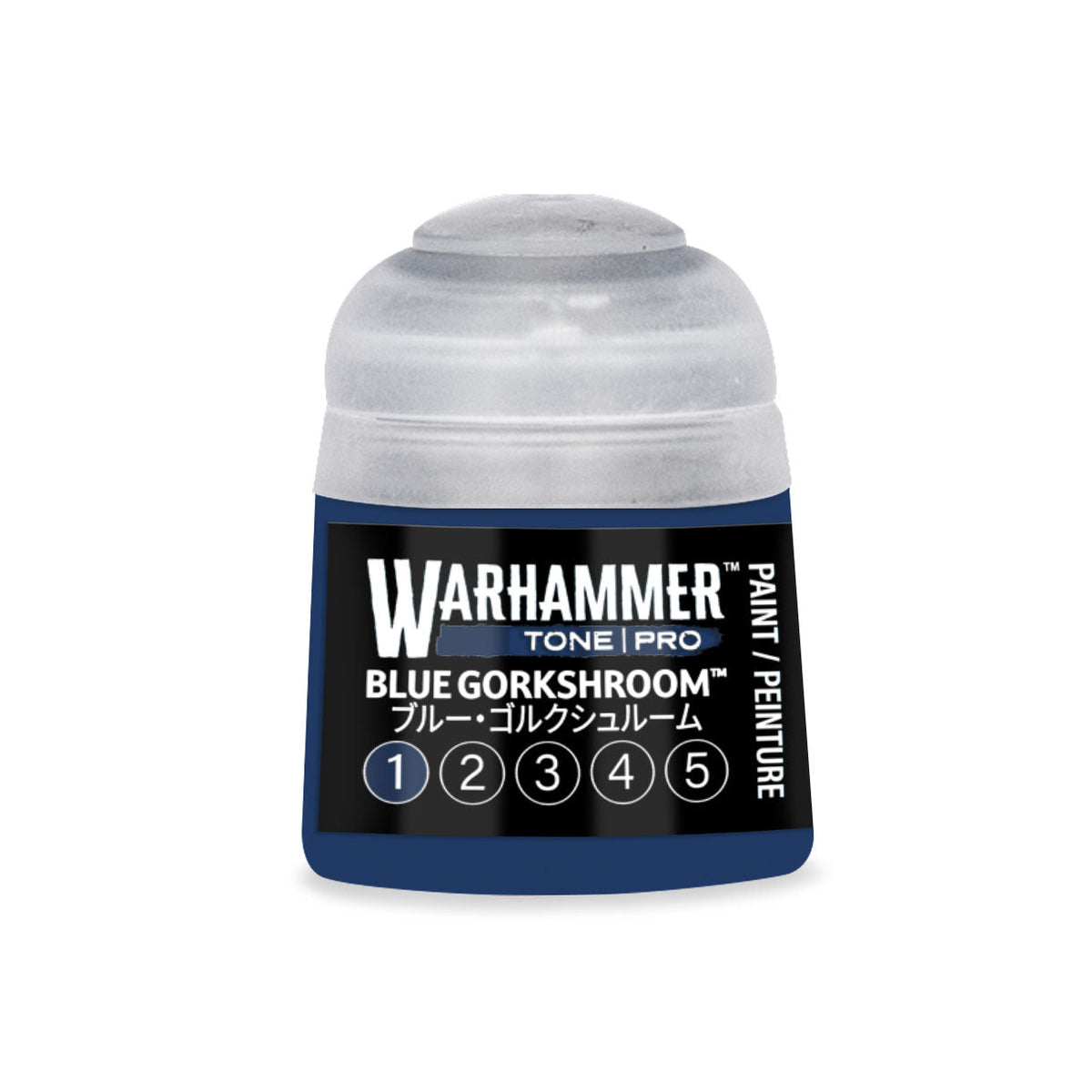 A small cylindrical bottle of Warhammer Tone Pro paint in blue Gorkshroom color 12ml for miniature painting