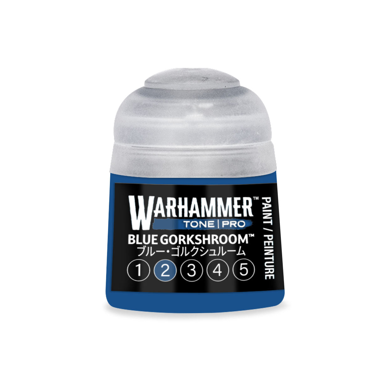 Warhammer tone pro blue gorkshroom paint in a 12ml translucent plastic bottle with a blue label and white text