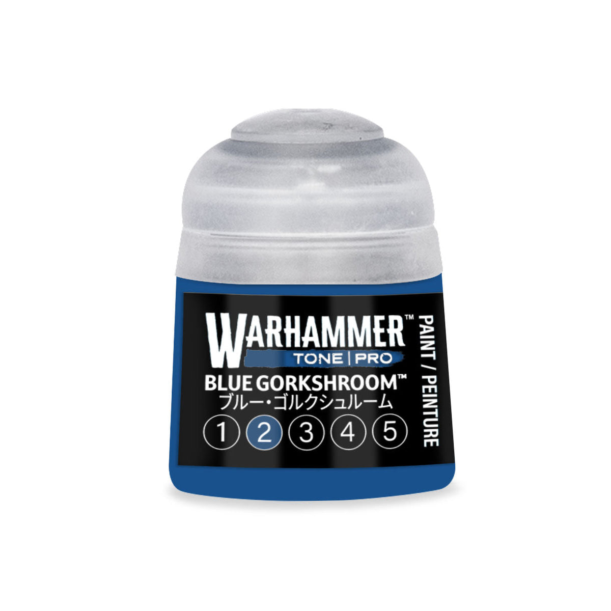 Warhammer tone pro blue gorkshroom paint in a 12ml translucent plastic bottle with a blue label and white text