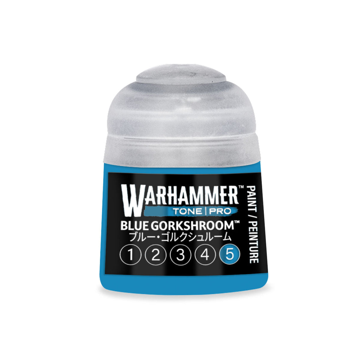 A small translucent plastic bottle of Warhammer Tone Pro paint in blue gorkshroom color with a blue label and white text