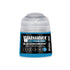 A small translucent plastic bottle of Warhammer Tone Pro paint in blue gorkshroom color with a blue label and white text