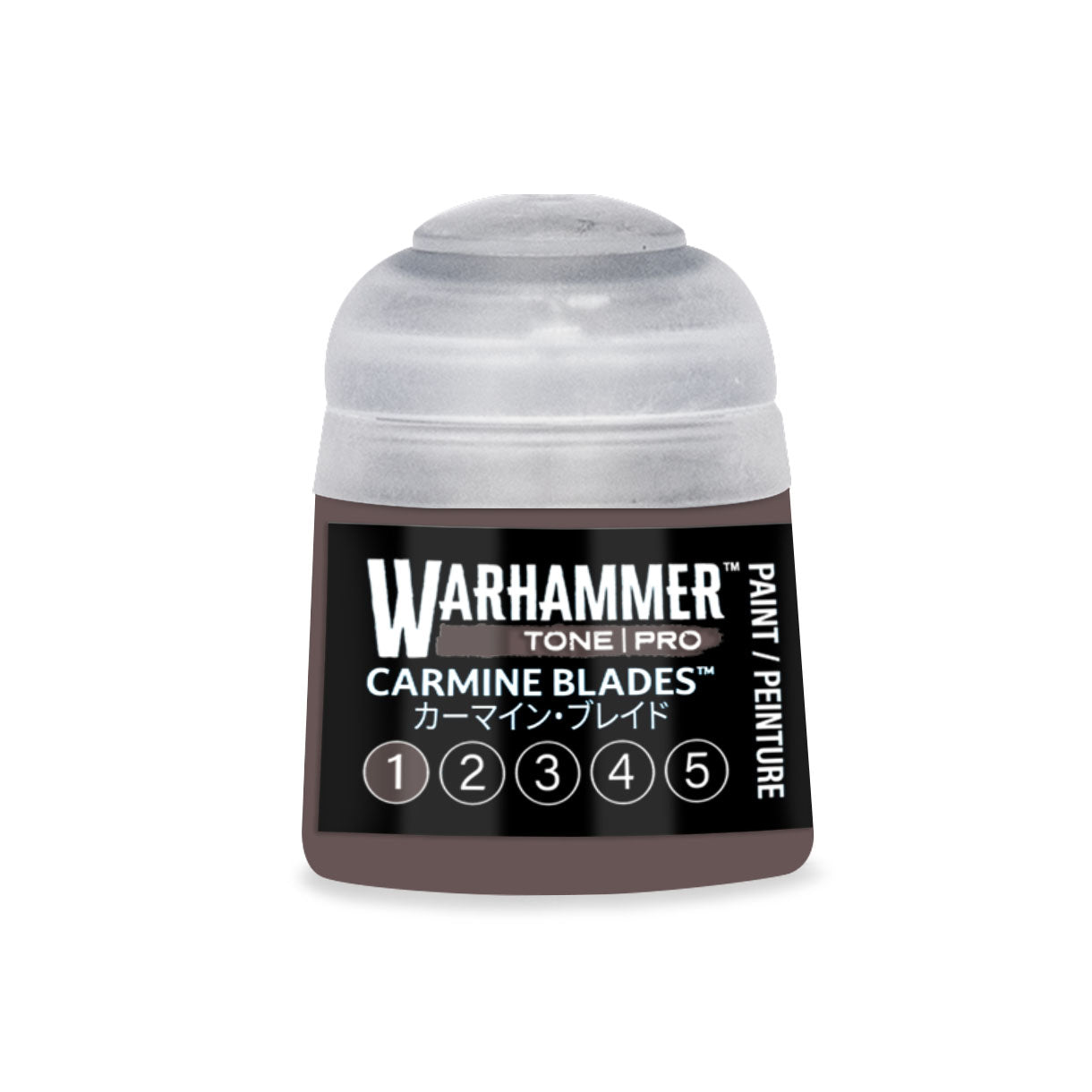 A small cylindrical bottle of Warhammer Tone Pro paint in carmine blades shade for miniature detailing