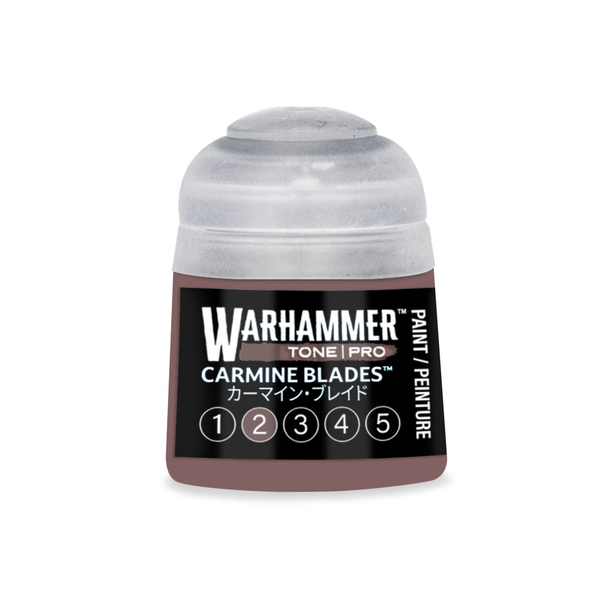 A small cylindrical bottle of warhammer tone pro paint in the shade carmine blades 12ml shown from the back side