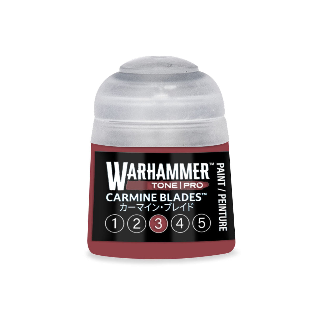Warhammer tone pro carmine blades 12ml paint in a small translucent plastic bottle with matching cap and black label