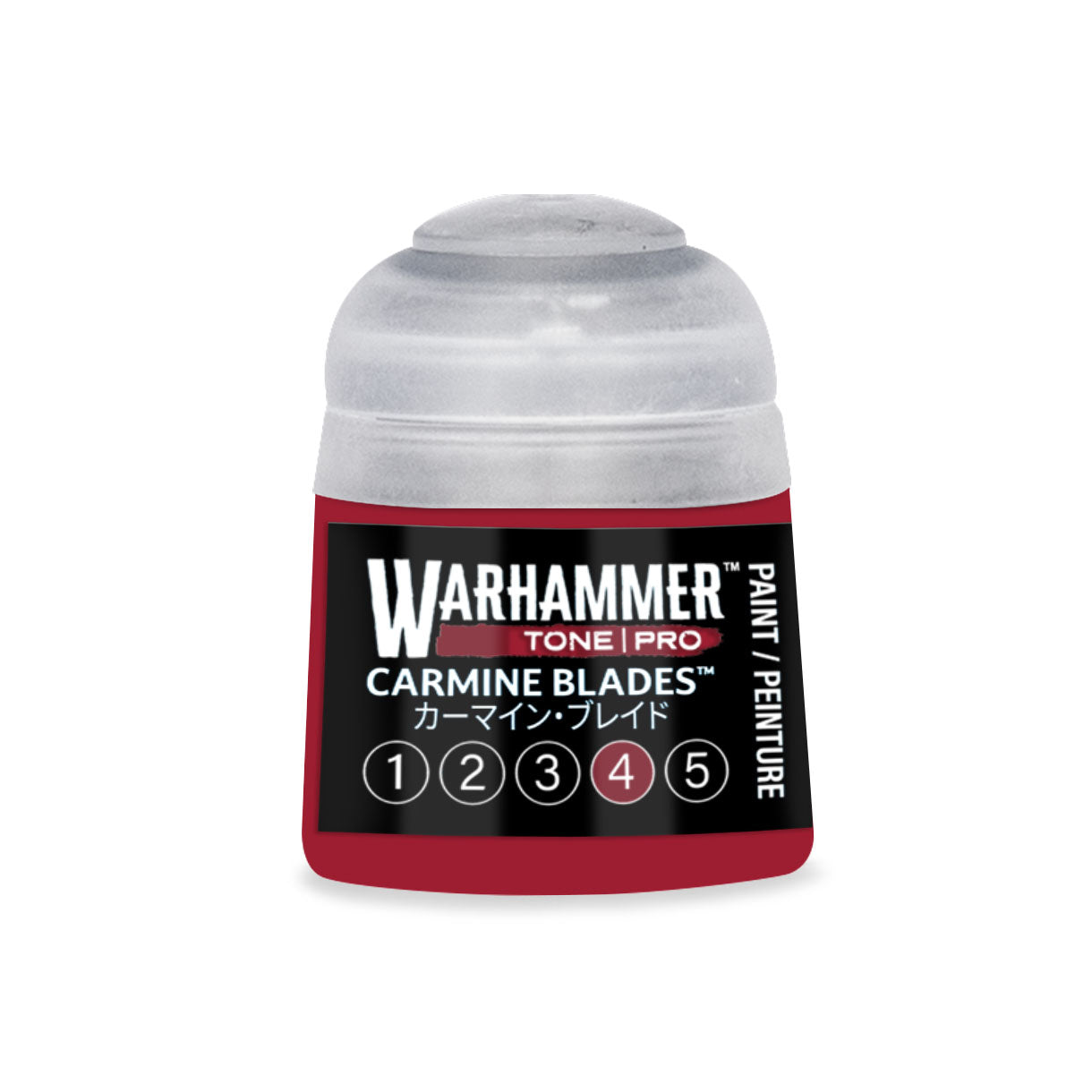 A small cylindrical bottle of Warhammer Tone Pro Carmine Blades paint with red label and clear plastic cap 12ml