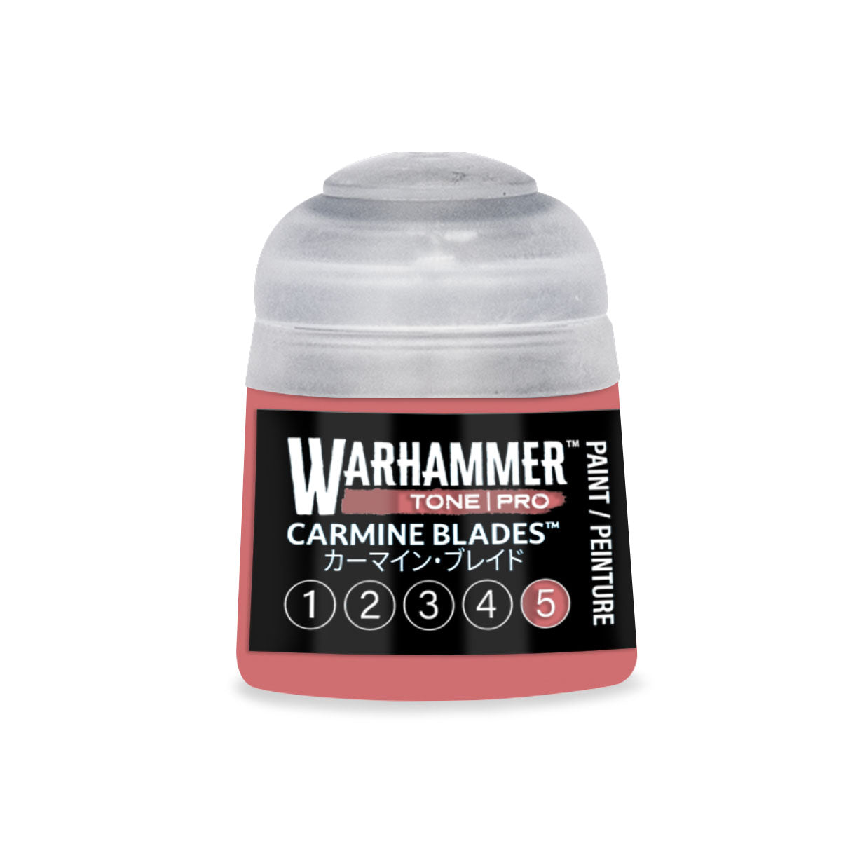 A small cylindrical bottle of Warhammer Tone Pro Carmine Blades 12ml paint with a clear cap and black label