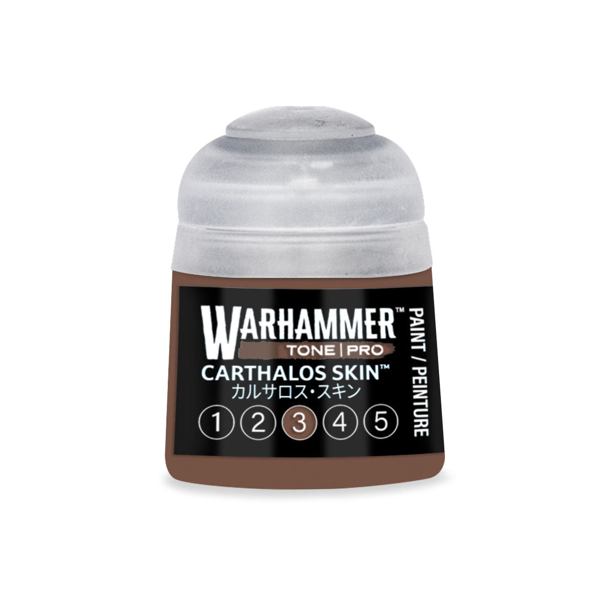 A small cylindrical bottle of Warhammer Tone Pro Carthalos Skin paint with a clear cap and black label with white text