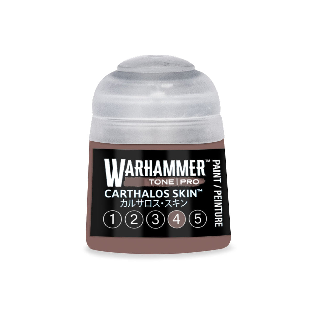A small cylindrical bottle of Warhammer Tone Pro Carthalos Skin paint with a clear cap and black label with white text