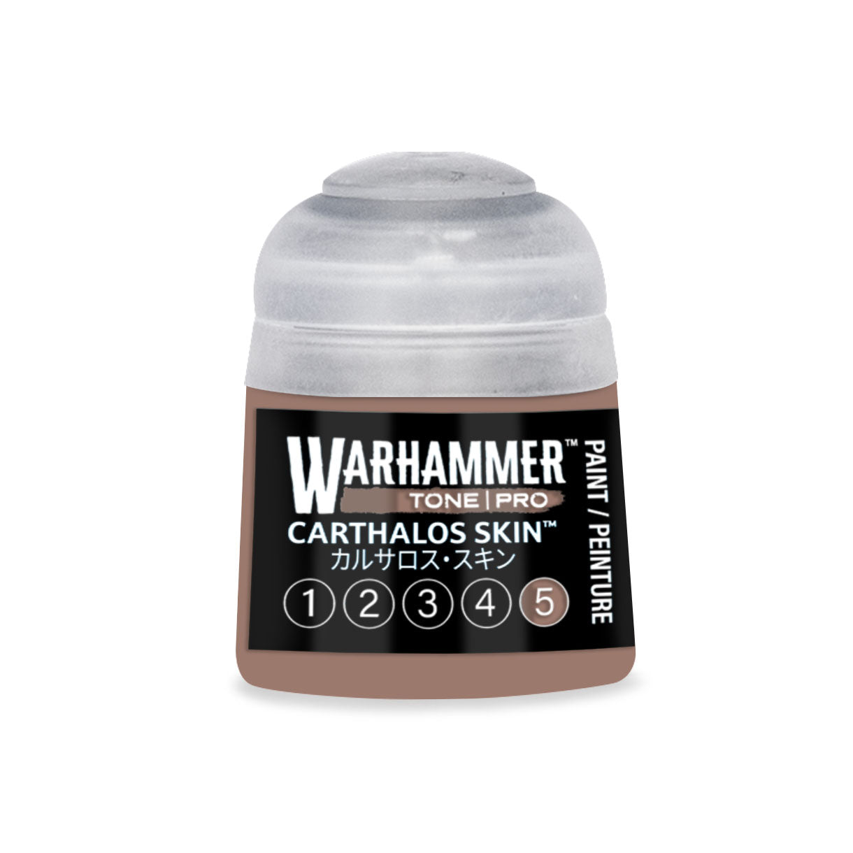 A small translucent plastic bottle of warhammer tone pro carthalos skin paint with a clear cap and black label
