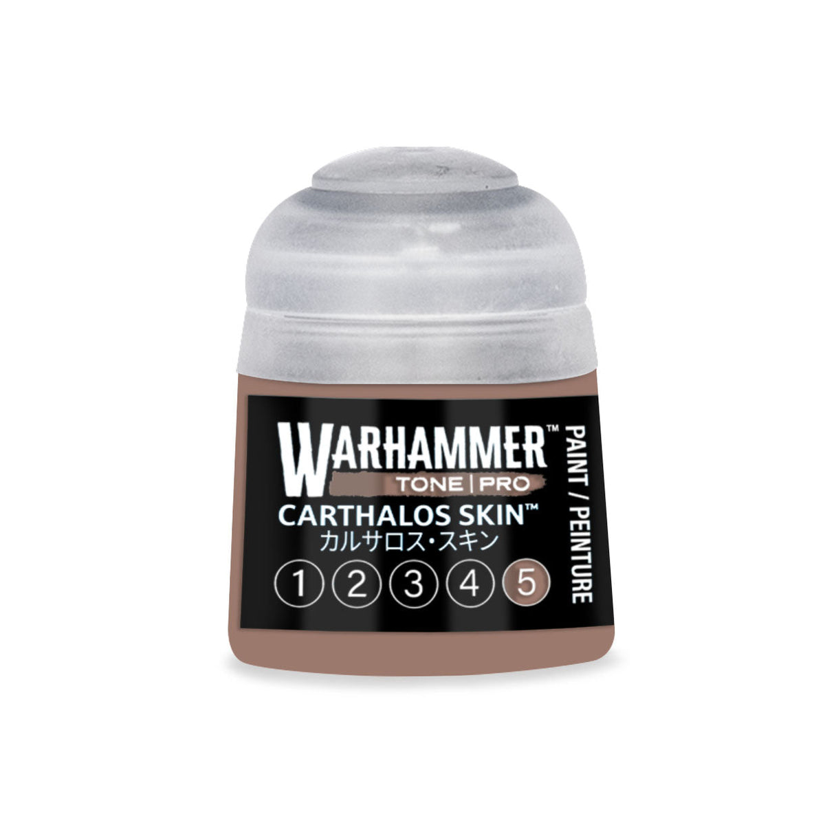 A small translucent plastic bottle of warhammer tone pro carthalos skin paint with a clear cap and black label