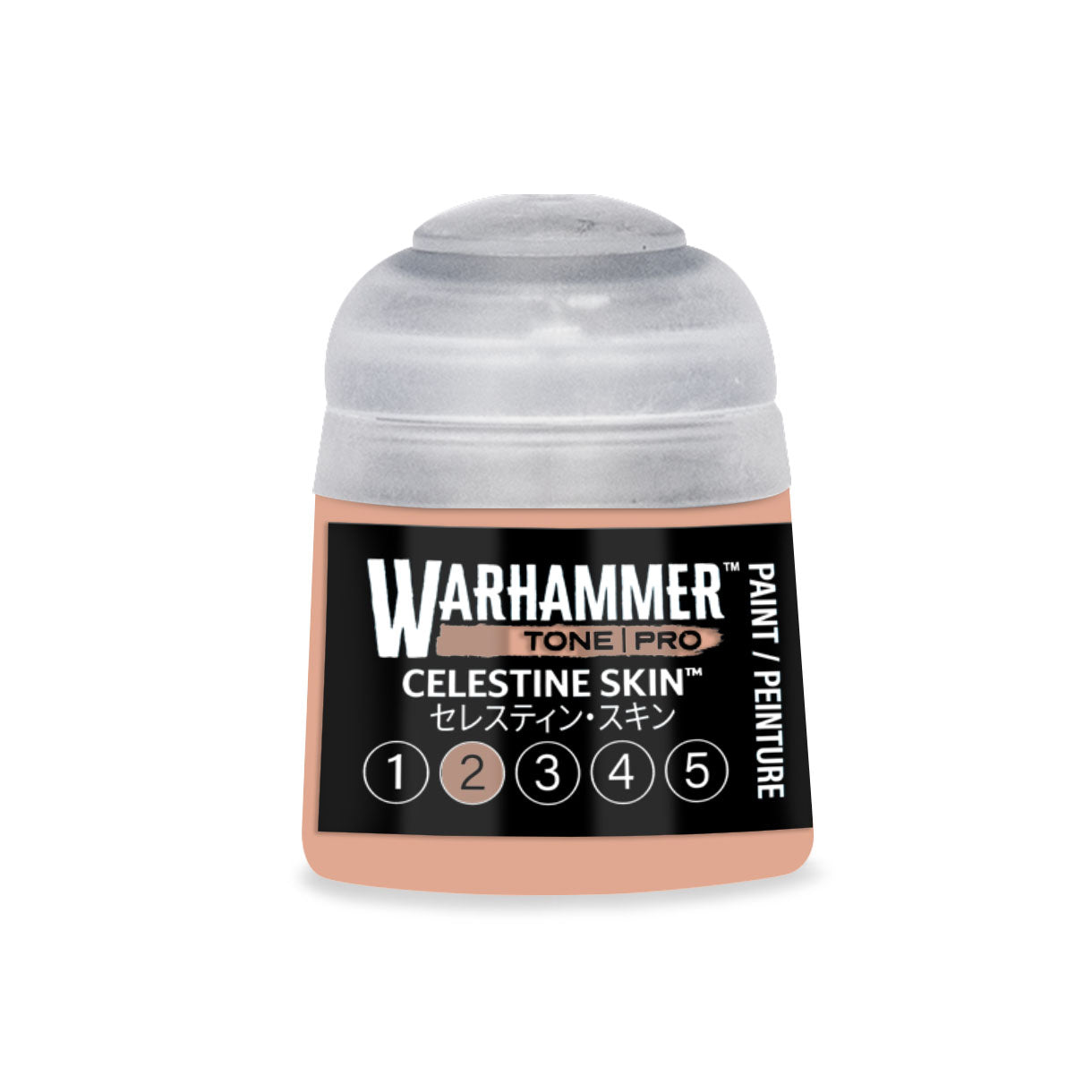 A small translucent plastic bottle of Warhammer Tone Pro Celestine Skin paint in peachy beige with a black label