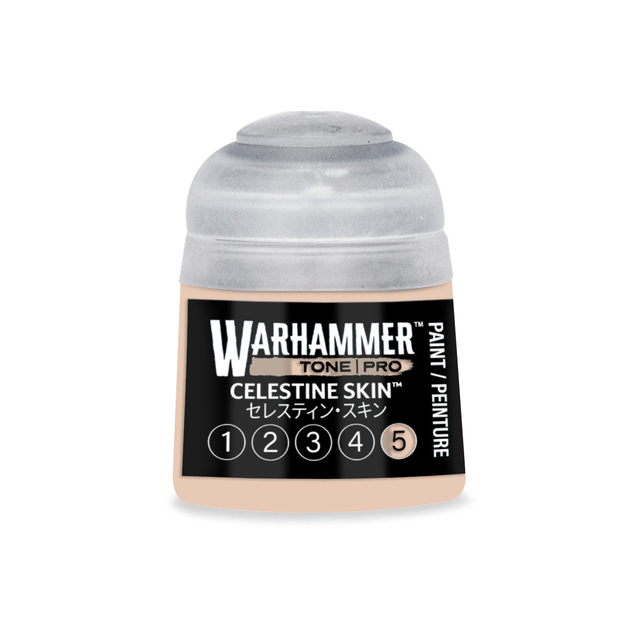 A small translucent plastic bottle of Warhammer Tone Pro Celestine Skin paint with beige liquid and clear cap