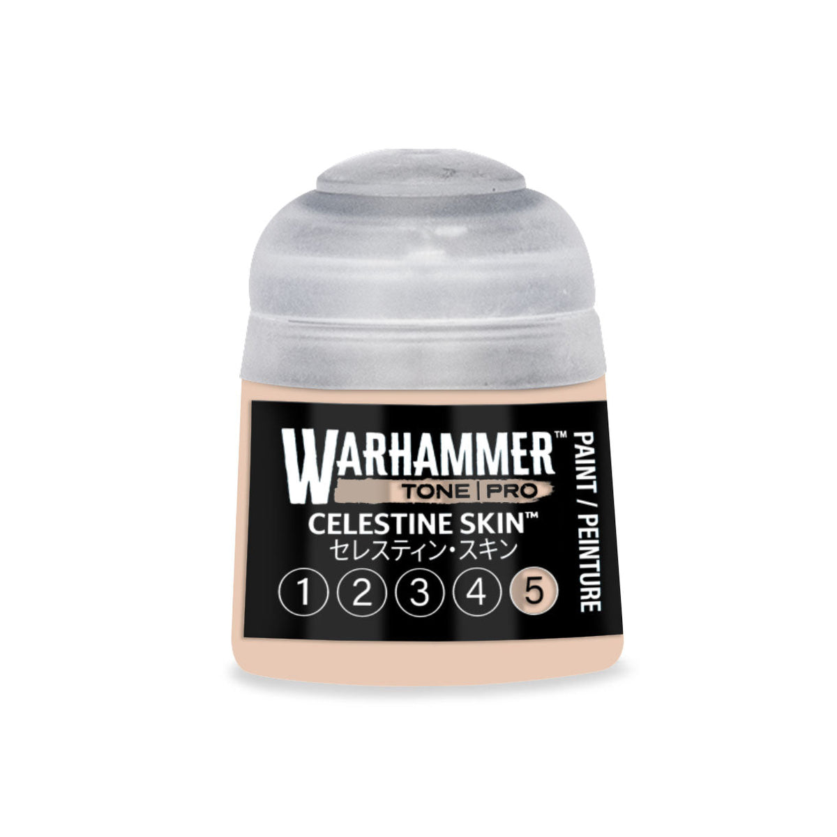 A small translucent plastic bottle of Warhammer Tone Pro Celestine Skin paint with beige liquid and clear cap