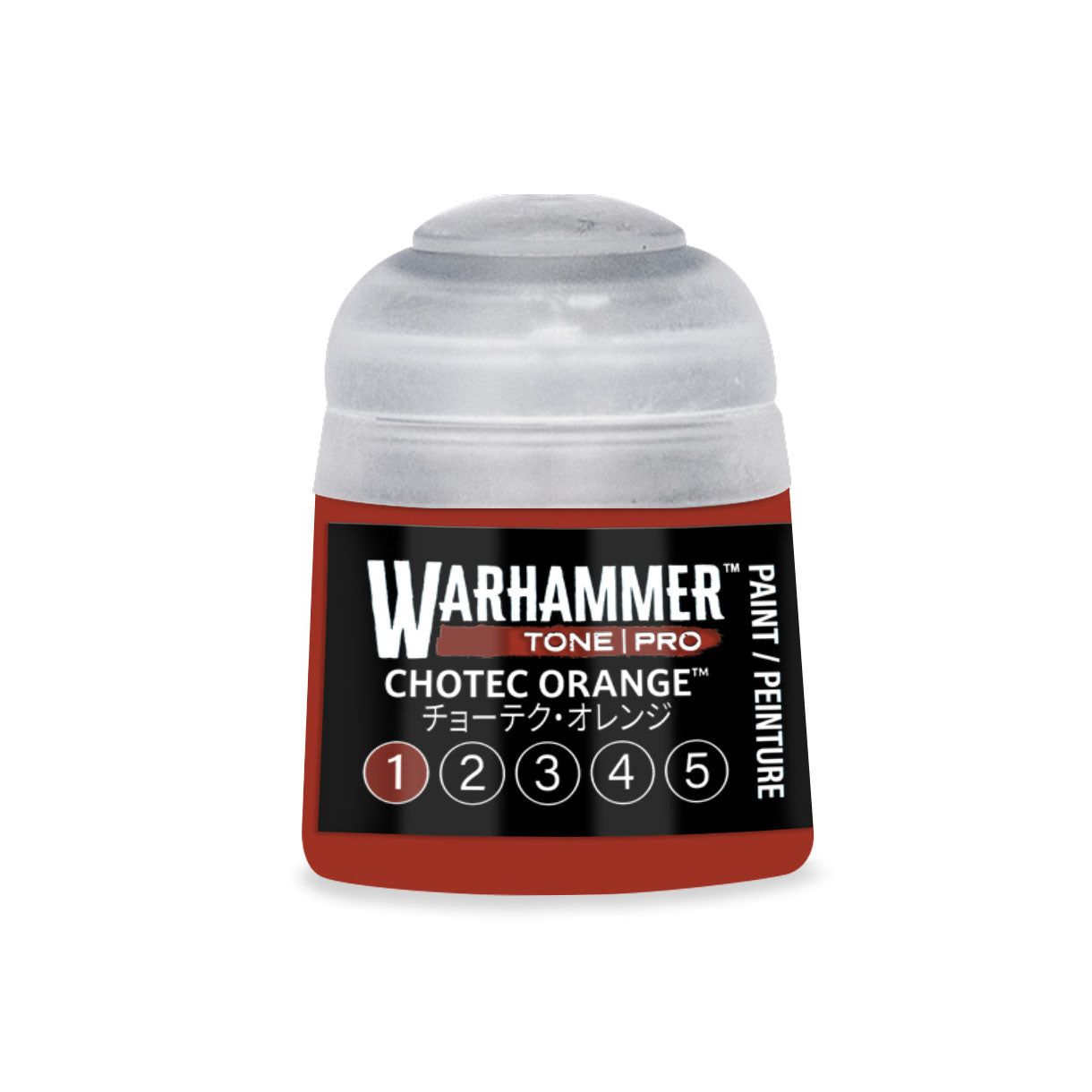 Warhammer Tone Pro Chotec orange paint bottle with clear plastic cap and red label featuring black text 12ml