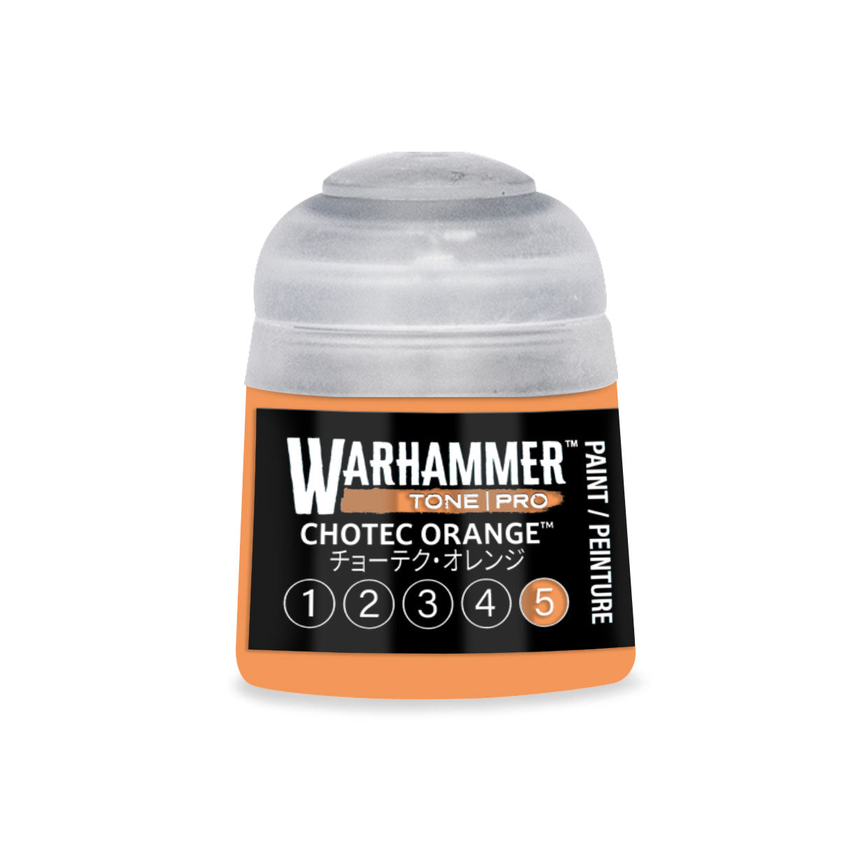 A small cylindrical bottle of warhammer tone pro paint in chotec orange with a clear plastic cap and orange label