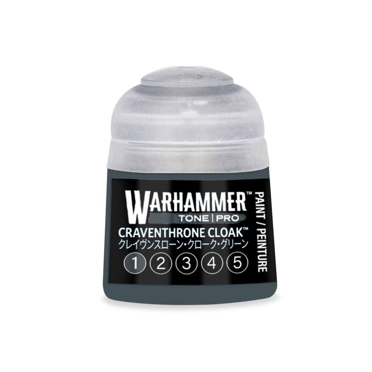 A small cylindrical bottle of Warhammer Tone Pro paint in Craventhrone Cloak with a translucent cap and black label